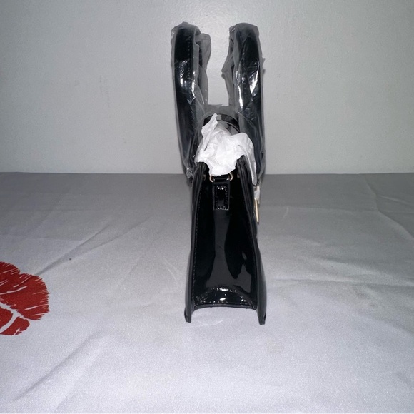 Black Faux Patent Leather Convertible Top Handle Swing Bag - Picture 5 of 13